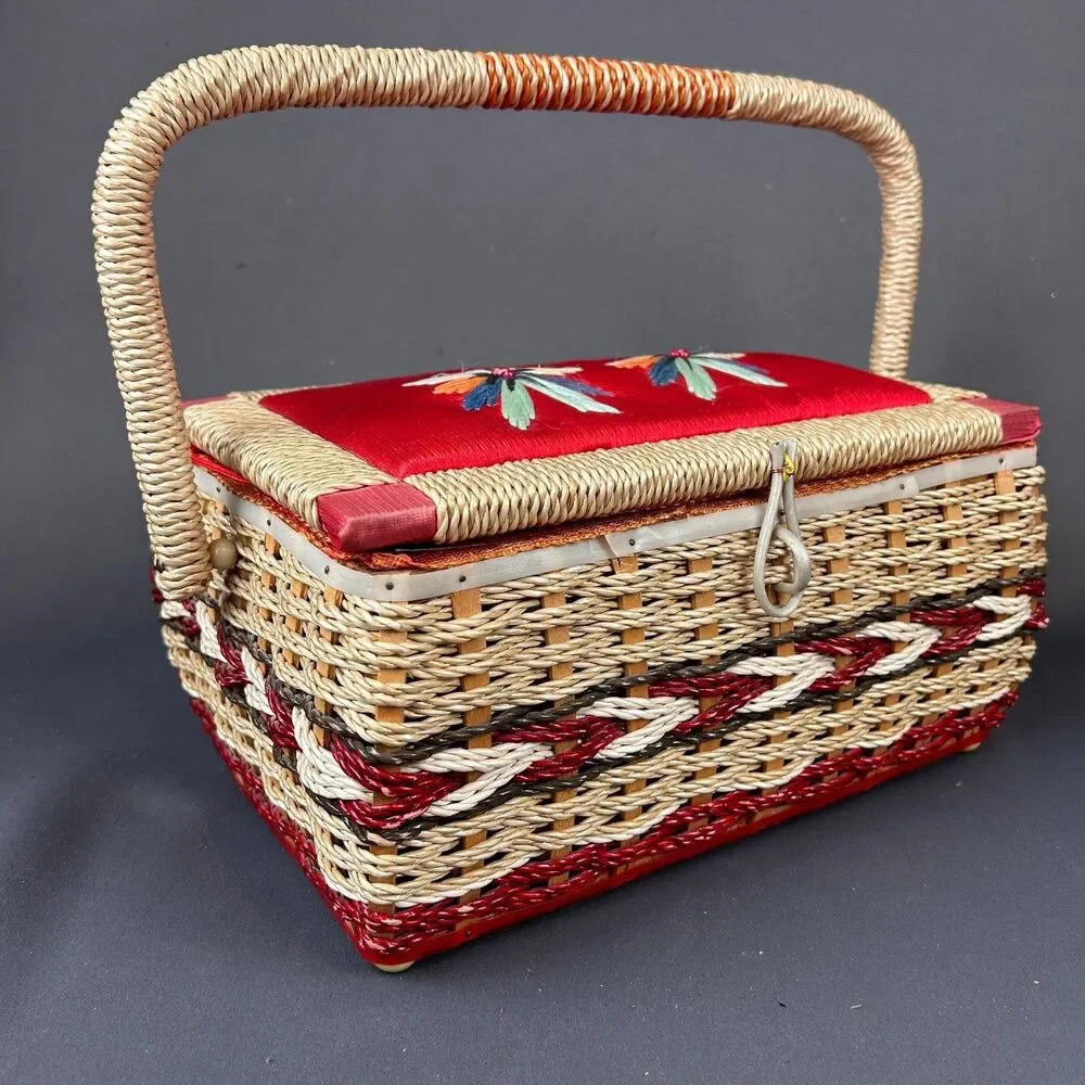 Charming Vintage Cream + Red Wicker Sewing Box 11